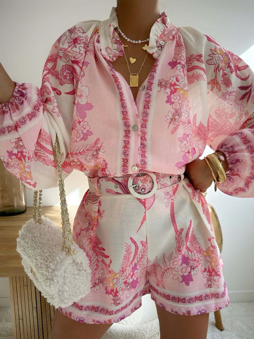 Floral Print Button-Down Shirt and Belted Shorts Two-Piece Set
